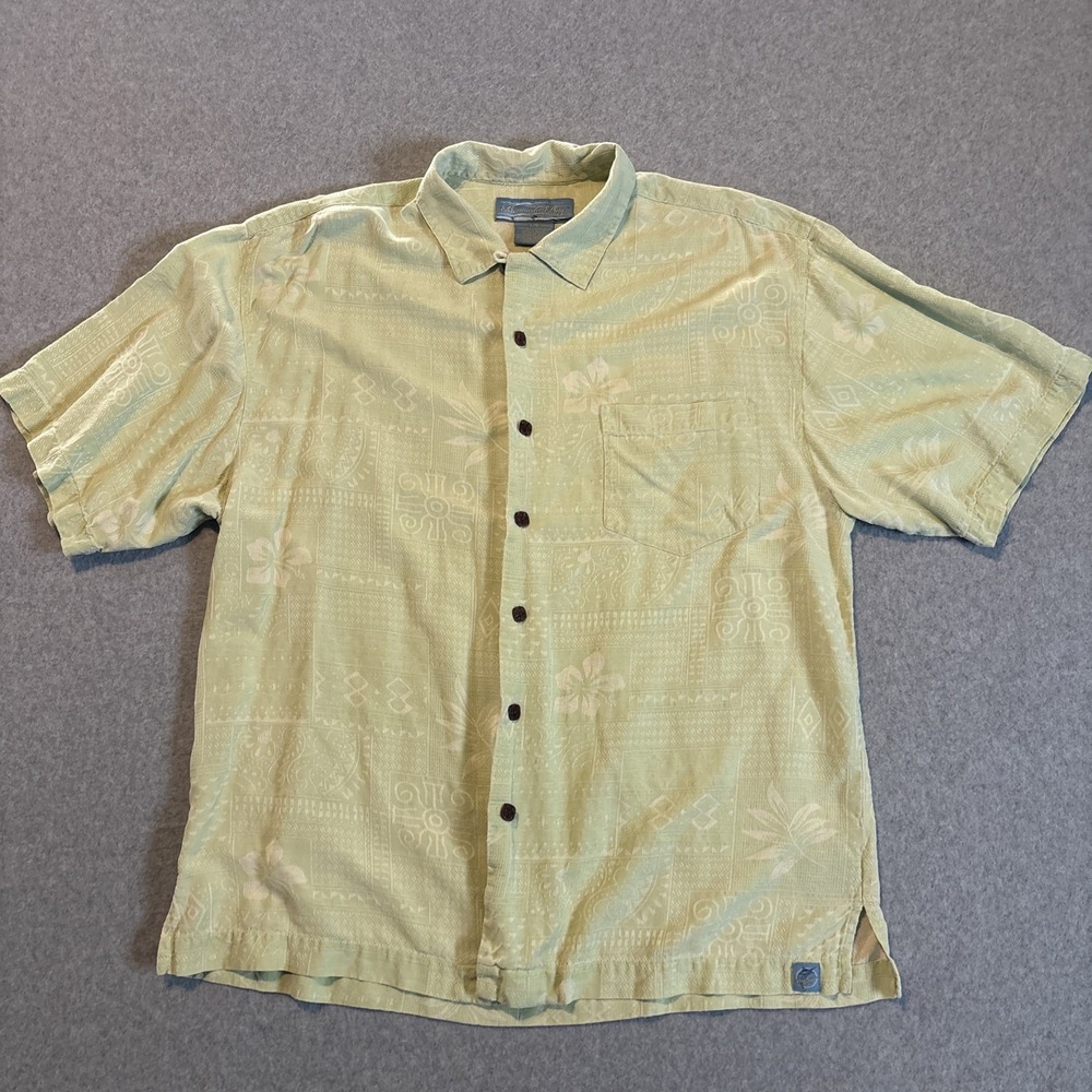Bermuda Bay 100% Silk Green Short Sleeve‎ Button Down Hawaiian Shirt Men's L